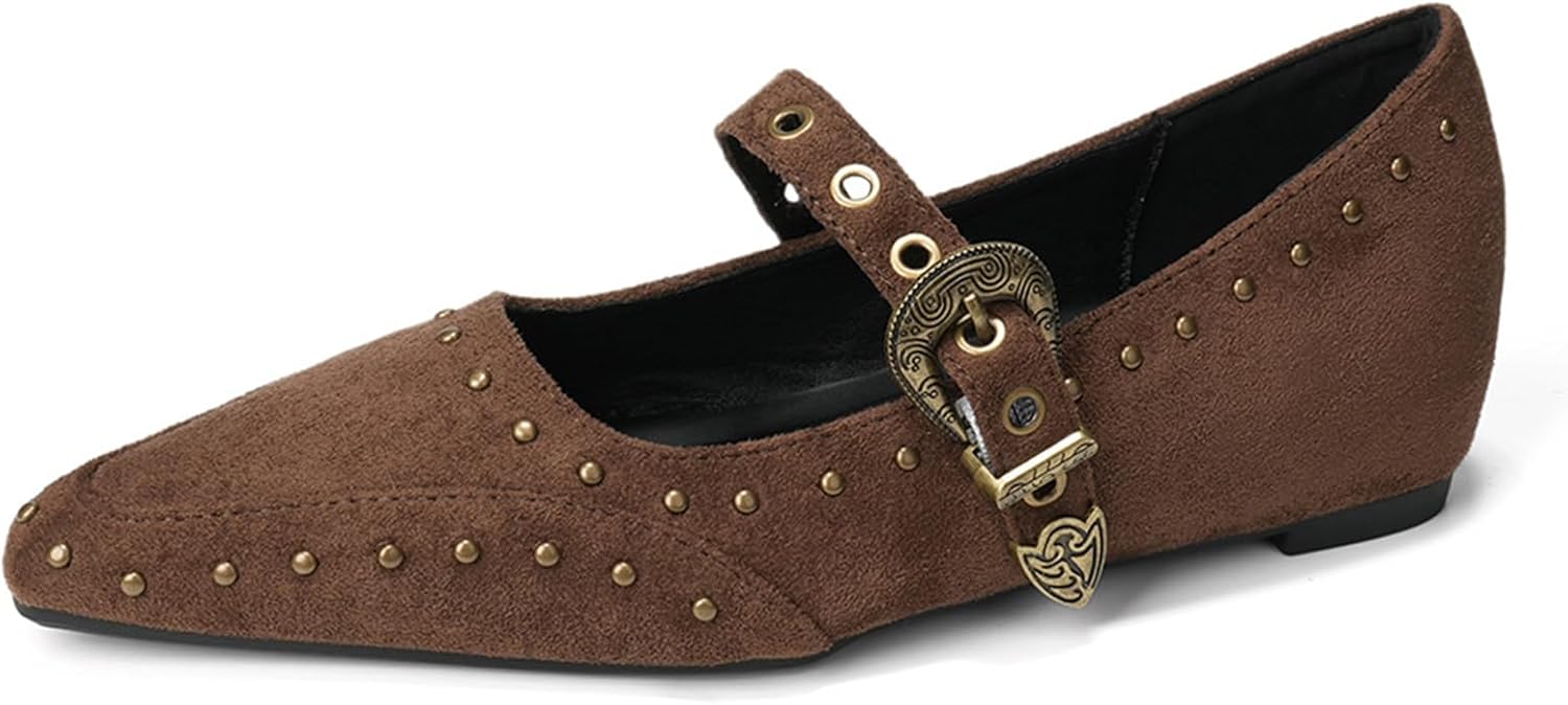 Women's Suede Studded Pointed Toe Wedge Heel Mary Jane Flats Stylish Height-Increasing Insoles Rivet Flat Dress Shoes with Metal Buckle Strap Fashion Club Party Cosplay Gothic Shoes