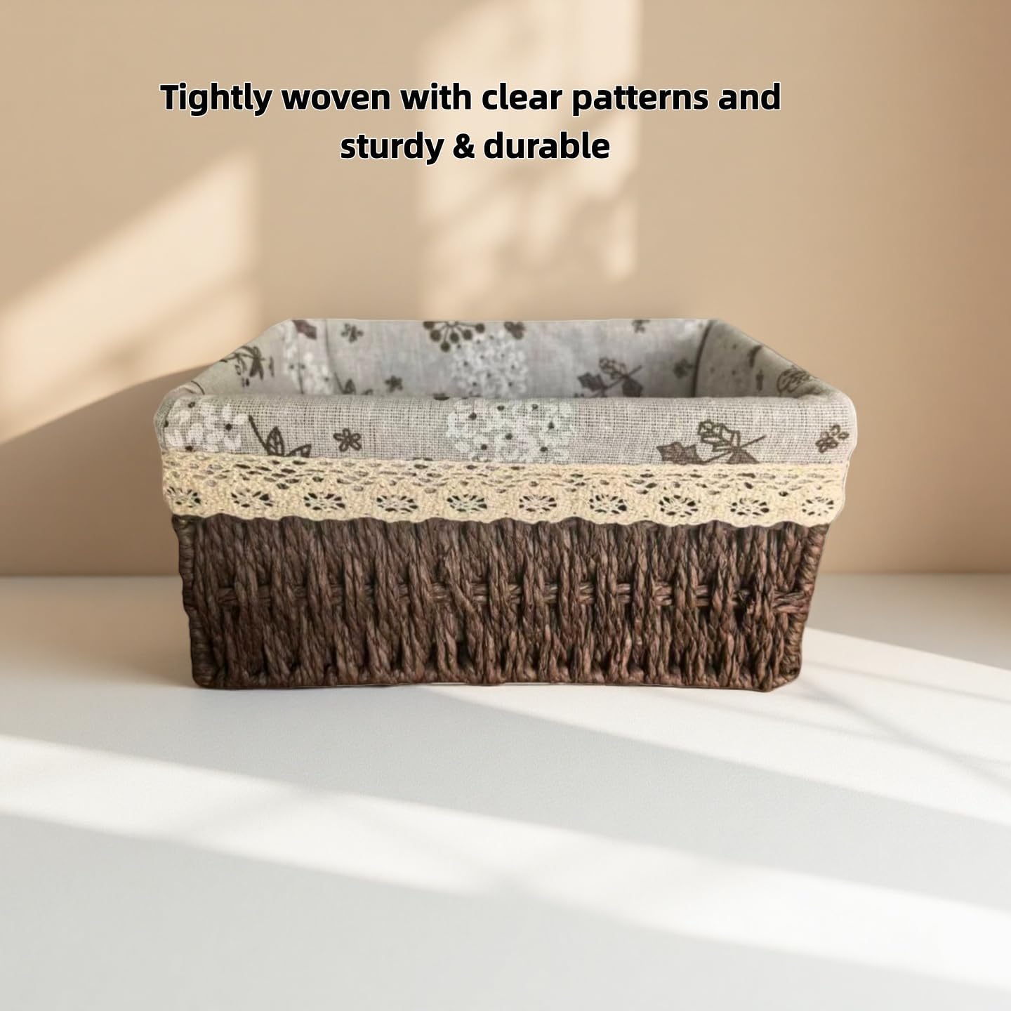 Wicker Woven Baskets With Liner, 3Packs Small Square Decorative Shelf Basket For Home Storage And Organizing (coffee)