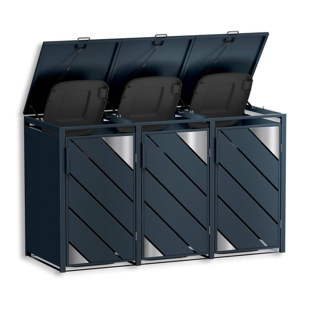 Metzler Mülltonnenbox 3er 240L Anthrazit mit Edelstahl Akzenten | Mülltonnenverkleidung für 3 Tonnen aus verzinktem Stahl | wetterfest mit Automatikdeckel und Soft Close