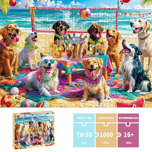 Rompecabezas para adultos de 1000 piezas: 'Doggo Beach Bash', escena playera con perros, decoración para fiestas, tamaño final 27,56 x 19,69 pulgadas, incluye póster a escala 1:1 y letra en el reverso miniatura 3
