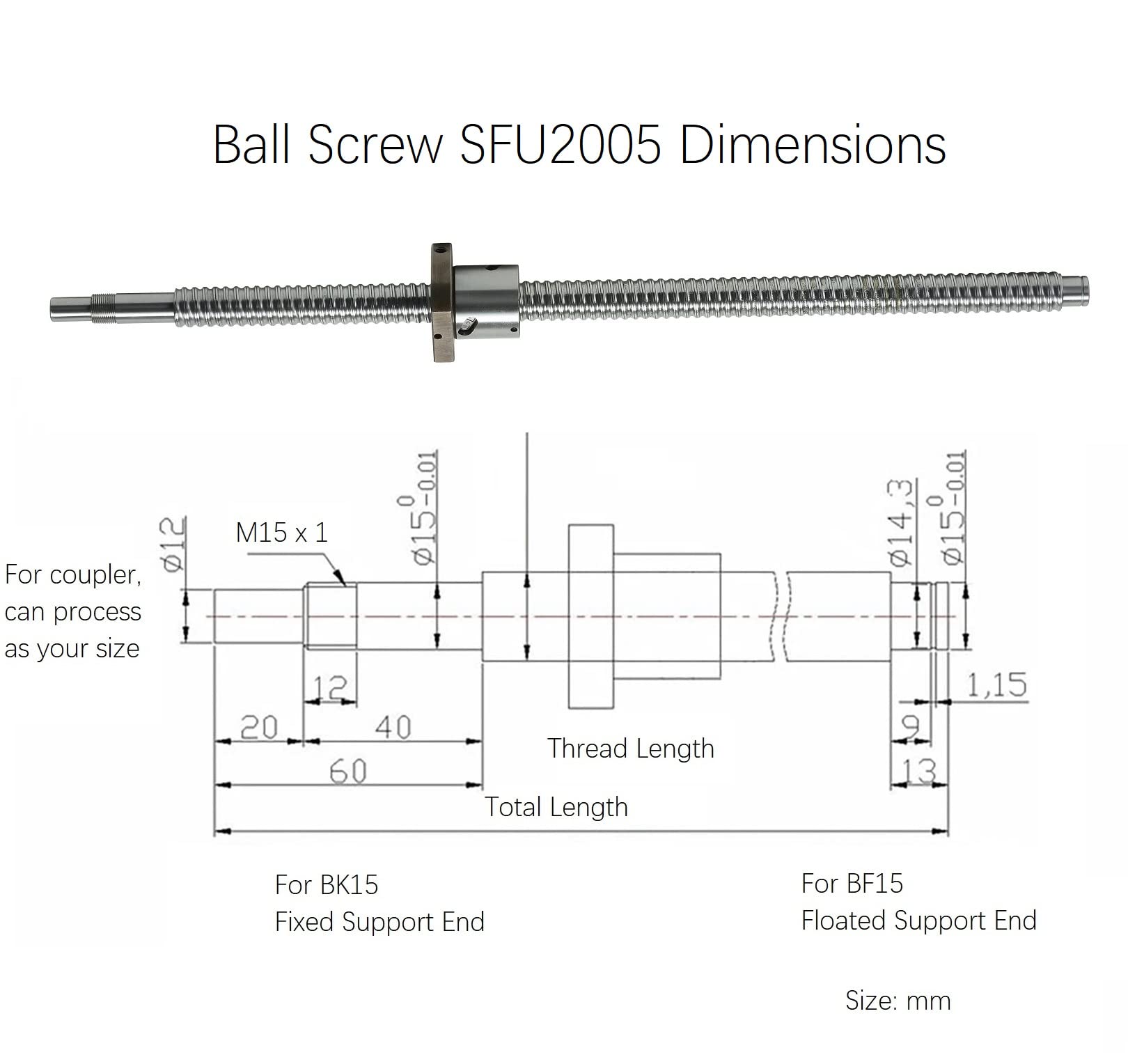 2005 Linear Motion CNC Ball Screw with Anti Backlash Nut, Coavoo SFU2005 2600mm / 102.36 inch 20mm Ballscrew with Standard End Machine for BK15 BF15