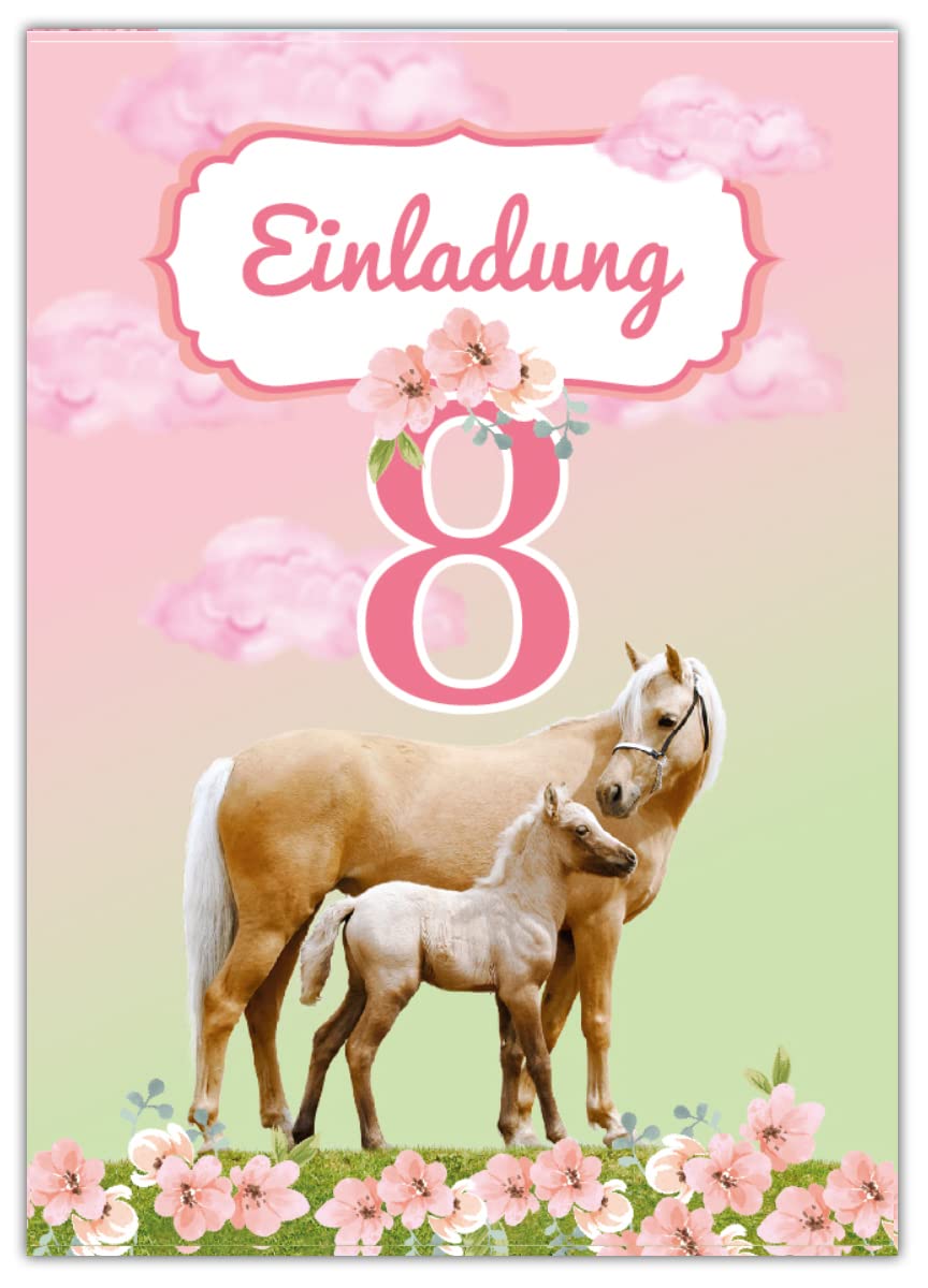 Minkocards 12 biglietti d'invito per l'8° compleanno dei bambini, motivo: cavalli, invito per l'8° compleanno, incl. 12 buste, 12 sacchetti per feste, colore naturale, 12 adesivi