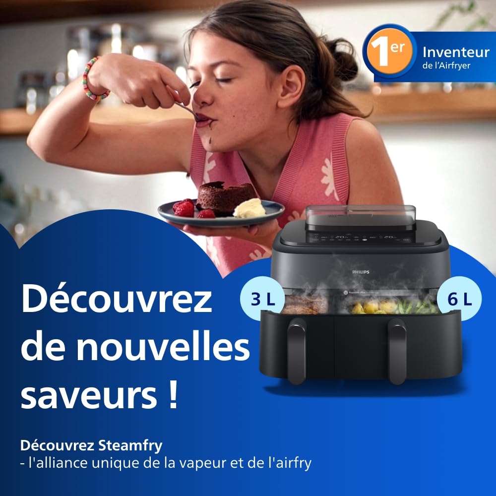 Philips Airfryer Série 5000 - Air Fryer double panier avec cuisson vapeur, 9L, RapidAir, 19 modes de cuisson, jusqu'à 90% de matières grasses en moins, AirSteam, nettoyage vapeur, HomeID (NA550/00)