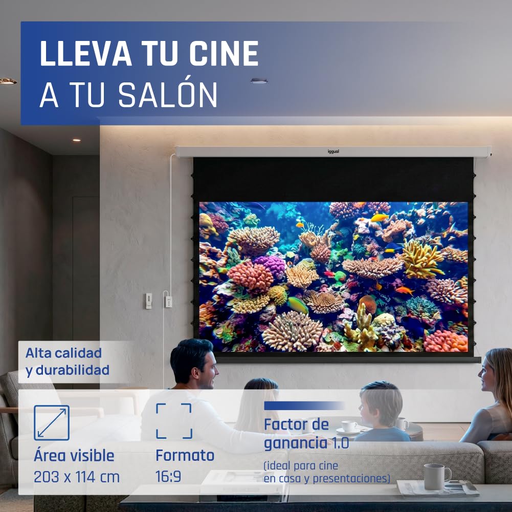 iggual Pantalla Proyección 92" Pulgadas Eléctrica Enrollable Tensionada -Panorámica 16:9 -Control de Pared y Mando Remoto Infrarrojo -Compatible hasta 8k y Cualquier Proyector(203x114 cm)
