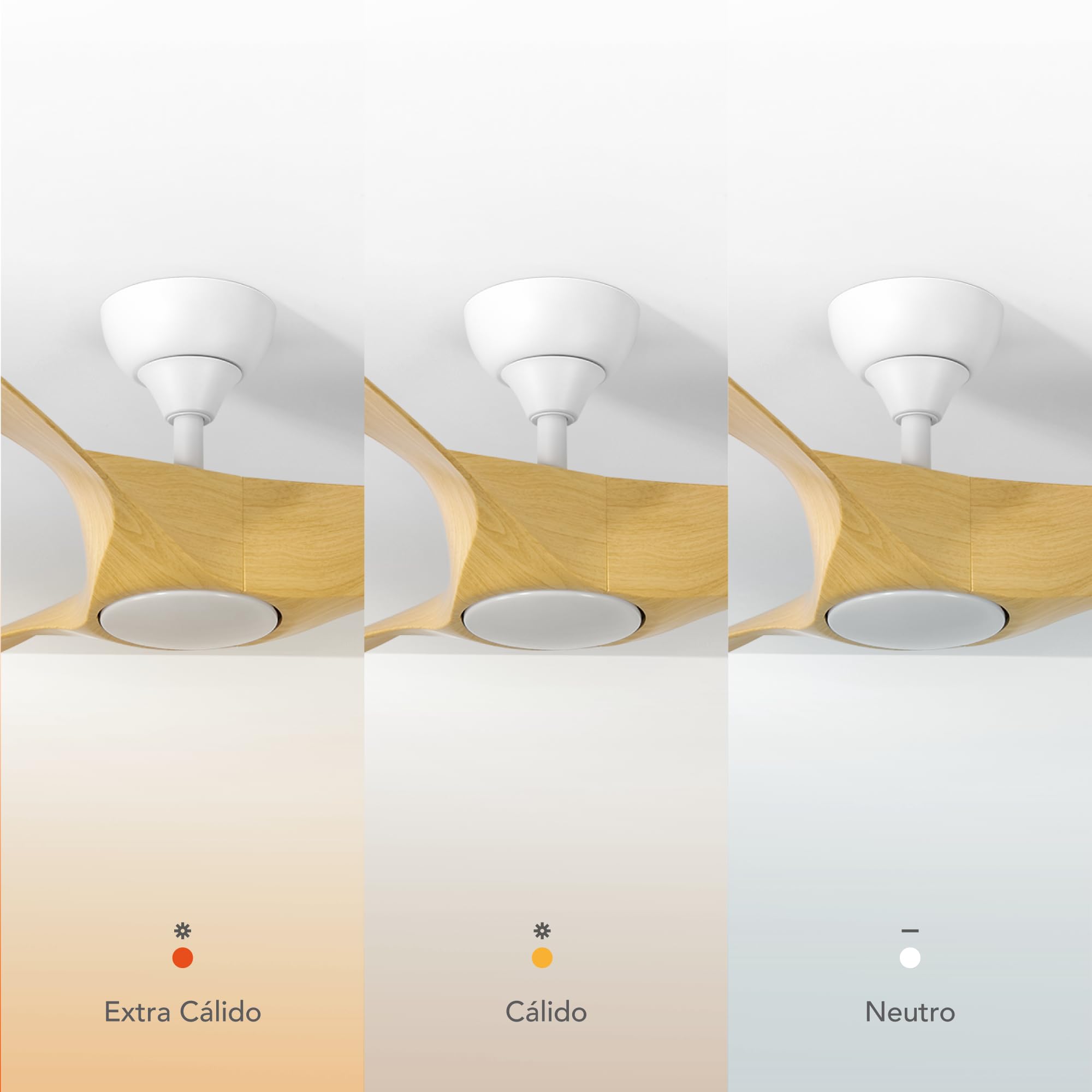 Nevaly Ventilador Techo Blanco/ABS Efecto Madera. Luz Led 24W Neutra/Cálida/Extra Cálida. Motor DC. 3 Aspas Ø132cm. Verano/Invierno. 6 Velocidades. Control Remoto Temporizador. Silencioso.