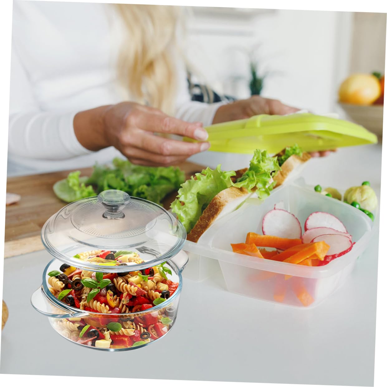 Cuenco de Vidrio Resistente al Calor de 1.7l con Tapa, Fácil de Limpiar y Apilable para Guardar Alimentos y Servir Ensaladas en Casa