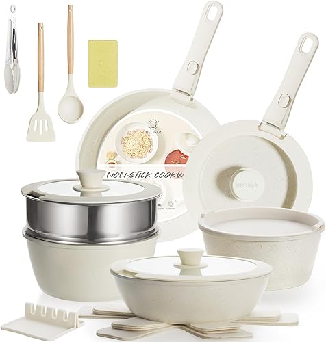 Juego de 21 piezas de ollas y sartenes de cerámica, juego de ollas y sartenes antiadherentes, mango desmontable, apilable, juego de utensilios de