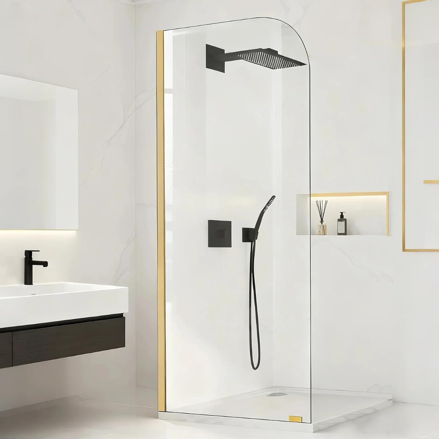34" W x 74" H Shower Glass Panel, Fixed Glass Shower Door with Clamps, 5/16"(8mm) Thick Clear Tempered Glass Panel, Single Shower Door Screen Panel in Matt Black