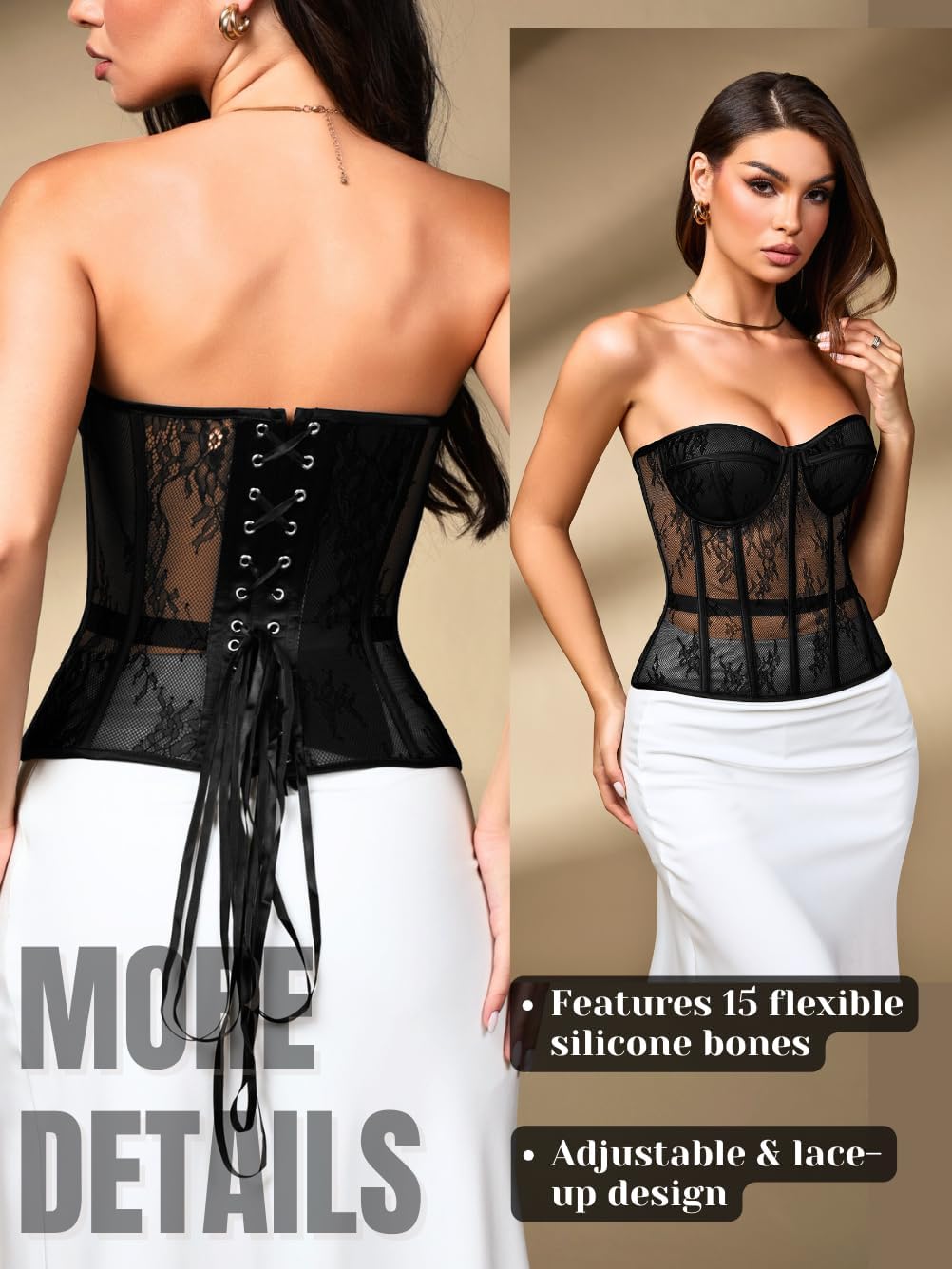 ChiaoLezhee Sexy Lace Corset, Sheer Mesh Push-Up Underwire Bustier Shapewear, Party Outfits for Women 00-18 - Image 3