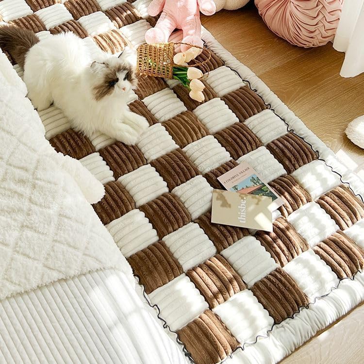 Cream-Coloured Large Plaid Square Pet Mat Bed Couch Cover, Funny Fuzzy Couch Cover, Garden Cotton Protective Couch Cover Adapt for Dog Bed Covers (27.6 x 59 in,Brown)