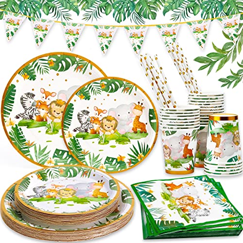 MULEVIP 135 PCS Party Vaisselle, Jungle Animaux Vaisselle Anniversaire de Fête, Anniversaire Garçon Assiette Serviettes ​pour Enfants Party Mariages Baby...