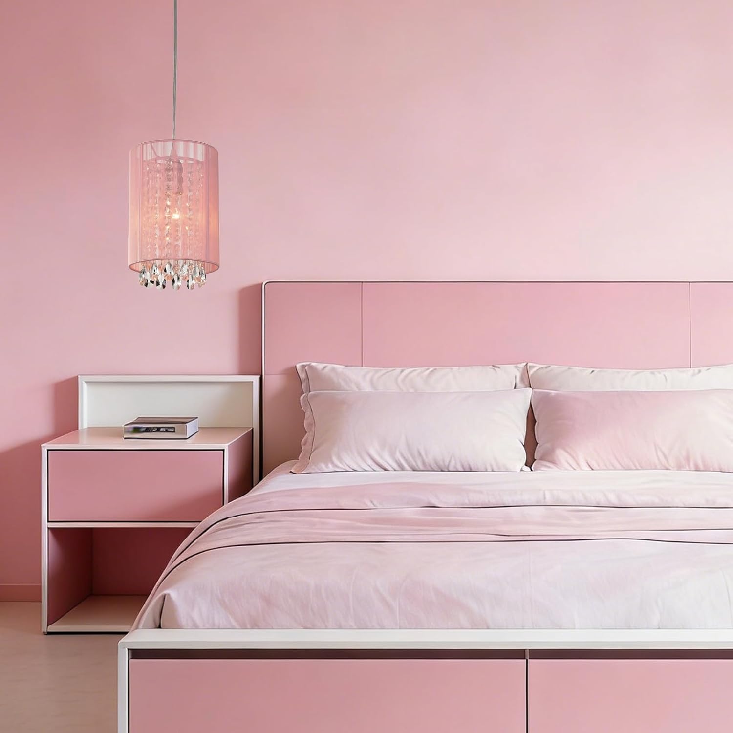 LaLuLa Hanging Lamp Plug in,Pink Cotton Hanging Lights with Plug in Cord, Crystals Pendant Light,1-Light Hanging Lamps for Living Room Plug in,Bedrooms, Girls Room,Vanity,Playhouse,Closet