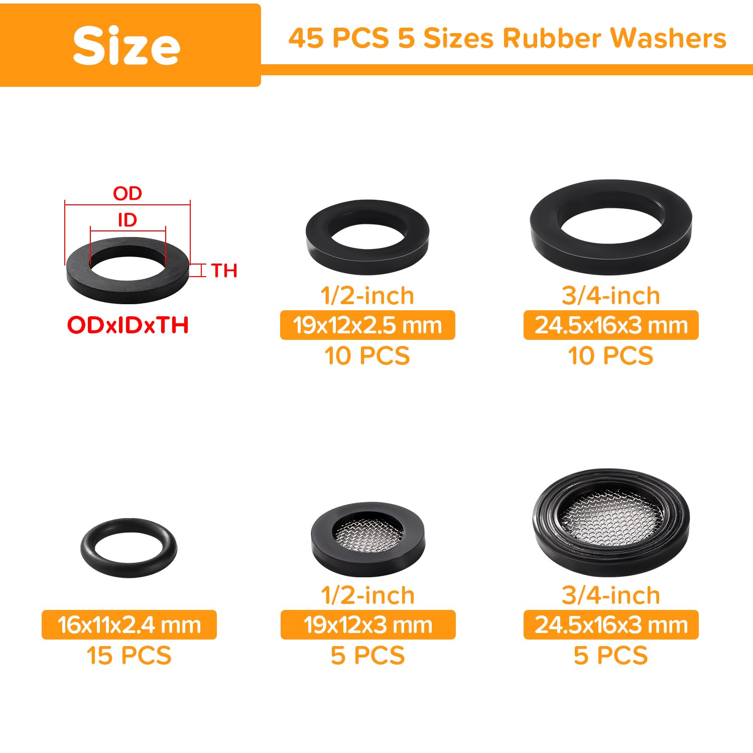 Lyeteung 45 PCS 1/2 3/4 Inch Hose Washers and Filter Mesh Washer Kit, Mesh Rubber Washers, Seal O Ring Gasket, for Water Faucet Shower Garden Plumbing - Image 2