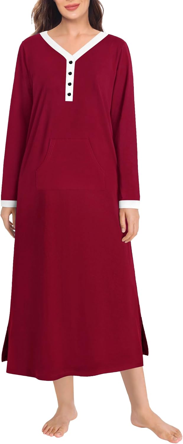 SWOMOG Womens Nightgown Long Sleeve Sleep Shirts Oversized Sleep Dress Long Soft Housecoat With Pockets