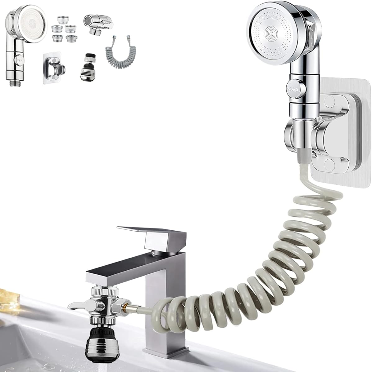 Sink Faucet Sprayer Attachment,Sink Shower Sprayer Attachment Set To Tub Faucet,ON/OFF Shower Head with (5 adapters),Sink Extension Hose Sprayer for Laundry Bathroom Kitchen