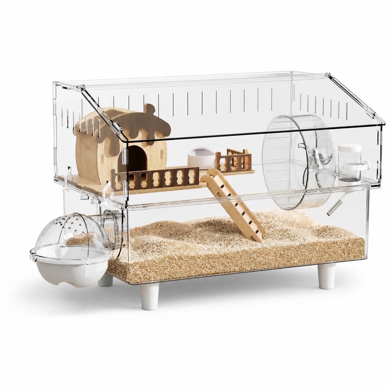 Cage Hamster Transparente 2 Niveaux avec Accessoires, Habitat Anti-Évasion pour Hamster Russe et Petits Rongeurs, Style to 4