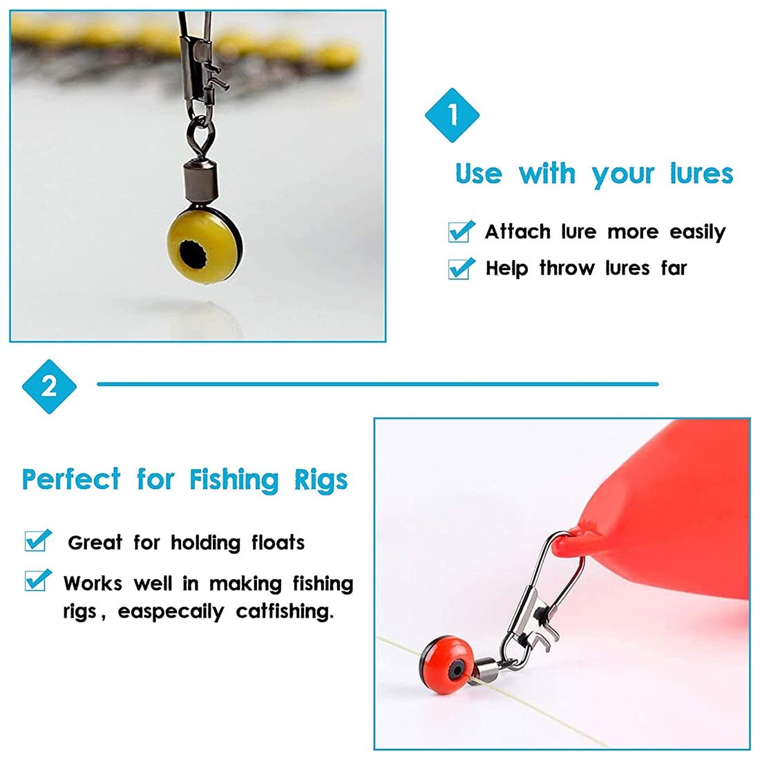 Confezione da 60 Girelle da Pesca, Include Girelle da 3 Dimensioni con Moschettone, Set di Accessori per la Pesca