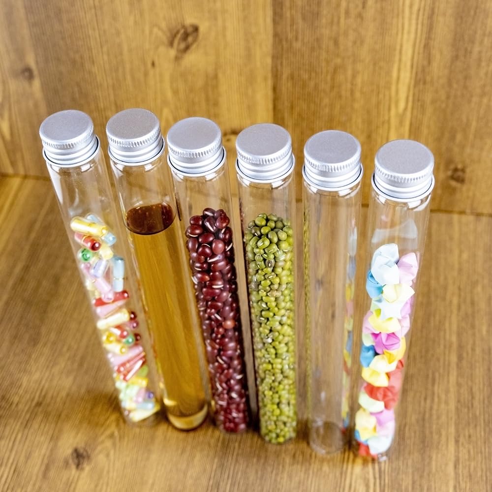 6 Pièces 90ml de Fiole en Verre Transparente de avec Couvercle en Aluminium, Tube a Essai Verre, Etc, Approprié à La Décoration de Laboratoires Scientifiques (6,90ml)