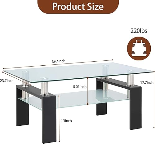 Miniatura 2 de Meihua Mesa de Centro de Vidrio Rectangular de 2 Niveles Mesa de Té Mesa de Centro Moderna para Sala de Estar Claro,Todo negro,multicolor/fantasía