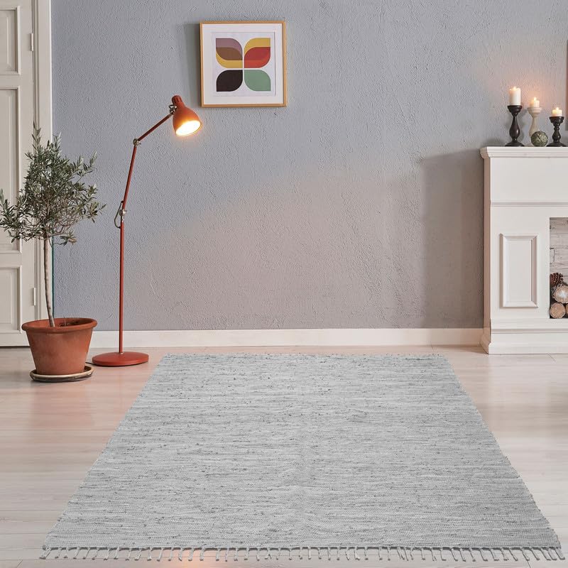 Theko | Dhurry Teppich aus 100% Baumwolle Flachgewebe Teppich Happy Cotton | handgewebt | Farbe: Grau | 60x120 cm