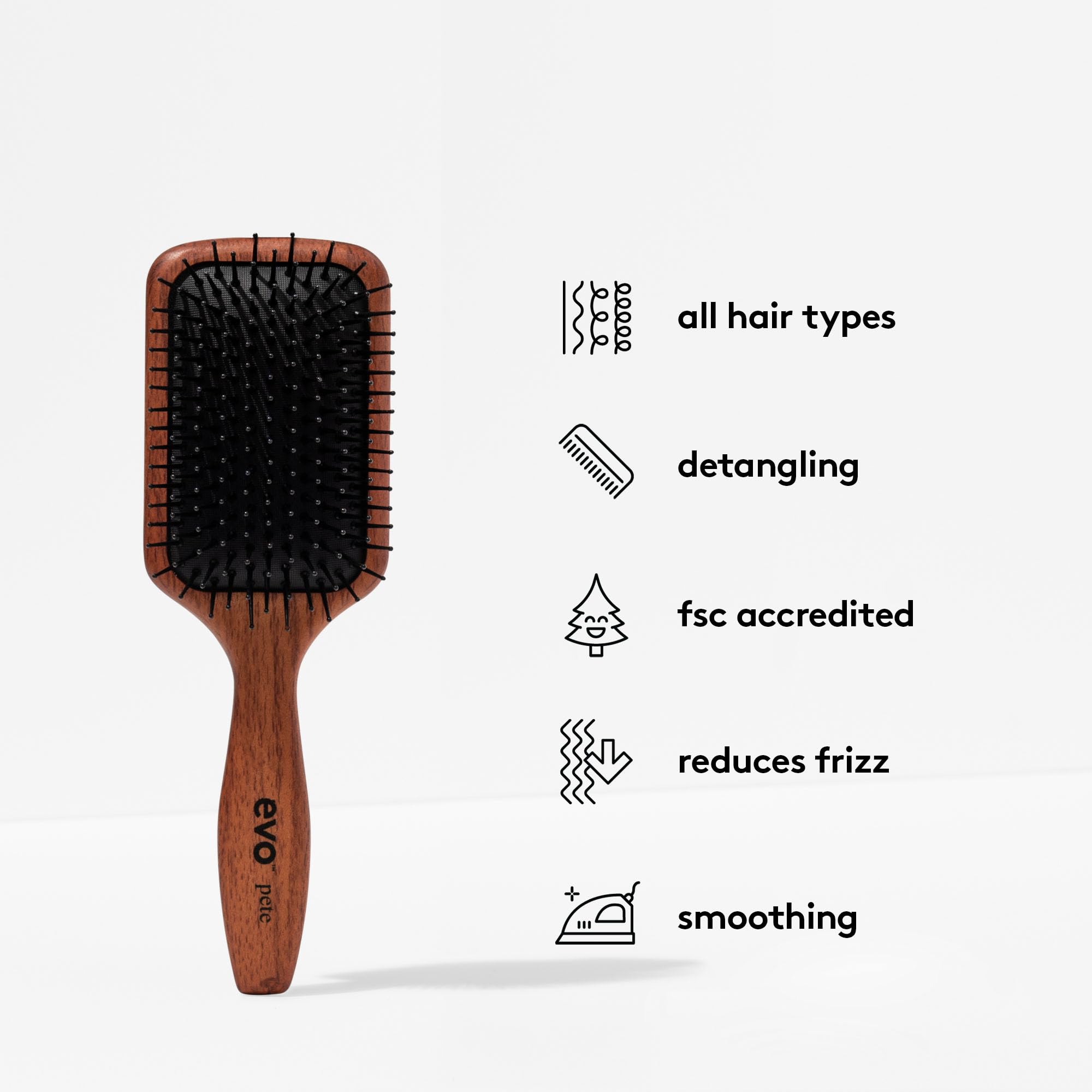 EVO Pete ionic paddle brush, spazzola styling per tutti i tipi di capelli, per lisciare e districare, spazzola per capelli per donne, uomini, donne e donne, in legno certificato