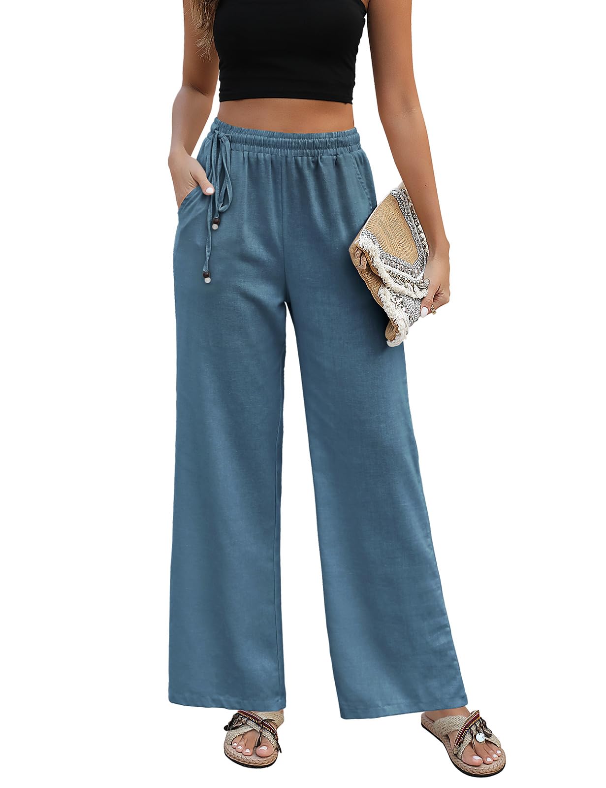 PASUDA Pantaloni Donna Pantaloni in Lino Estivi Larghi da Donna Eleganti Elastico Vita Alta Pantaloni Gamba Dritta Casual Leggeri Pantalone con Tasche e Coulisse Laterale
