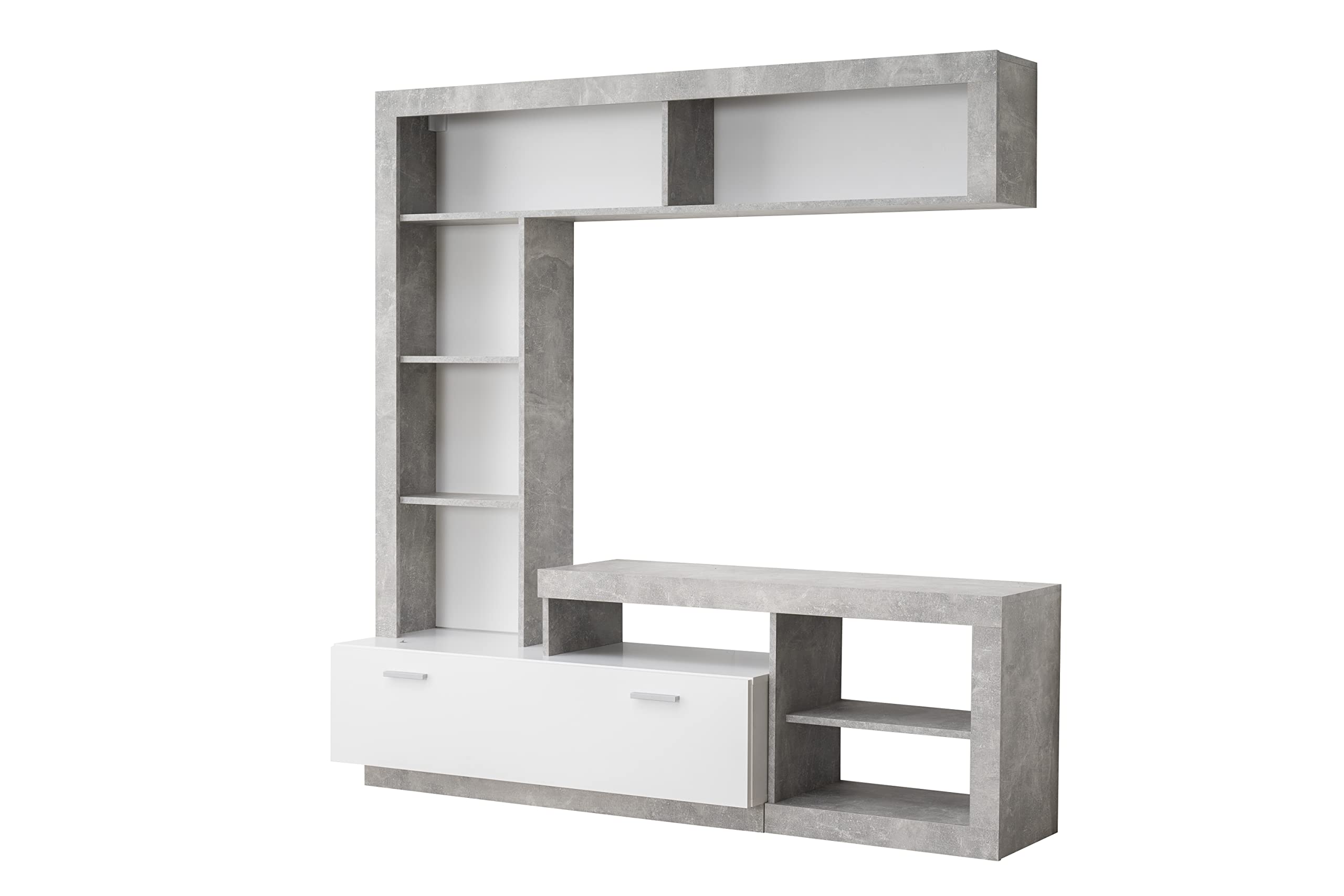 AVANTI TRENDSTORE - Glendo - Parete multimediale in legno laminato nel colore grigio cemento e bianco con tanti vani aperti e una porta a ribalta. Dimensioni LAP 171x171x42 cm