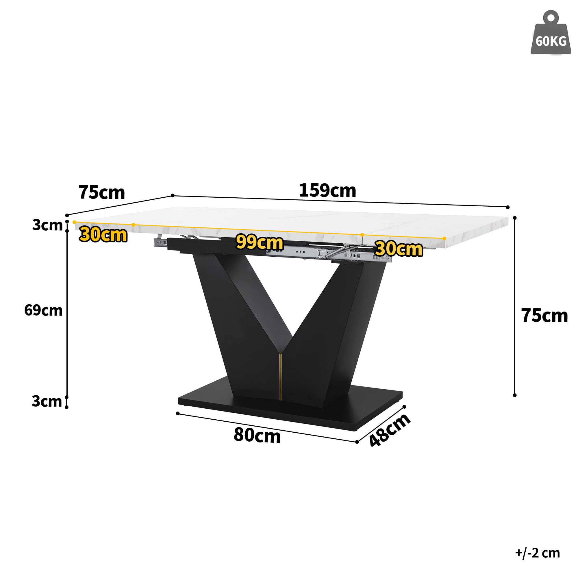 Idemon (99-159 × 75 cm), Mesa de comedor extensible, ahorra espacio, amplia superficie de trabajo, diseño flexible, adecuada para oficina en casa y sala de estar, tablero blanco con forma de V