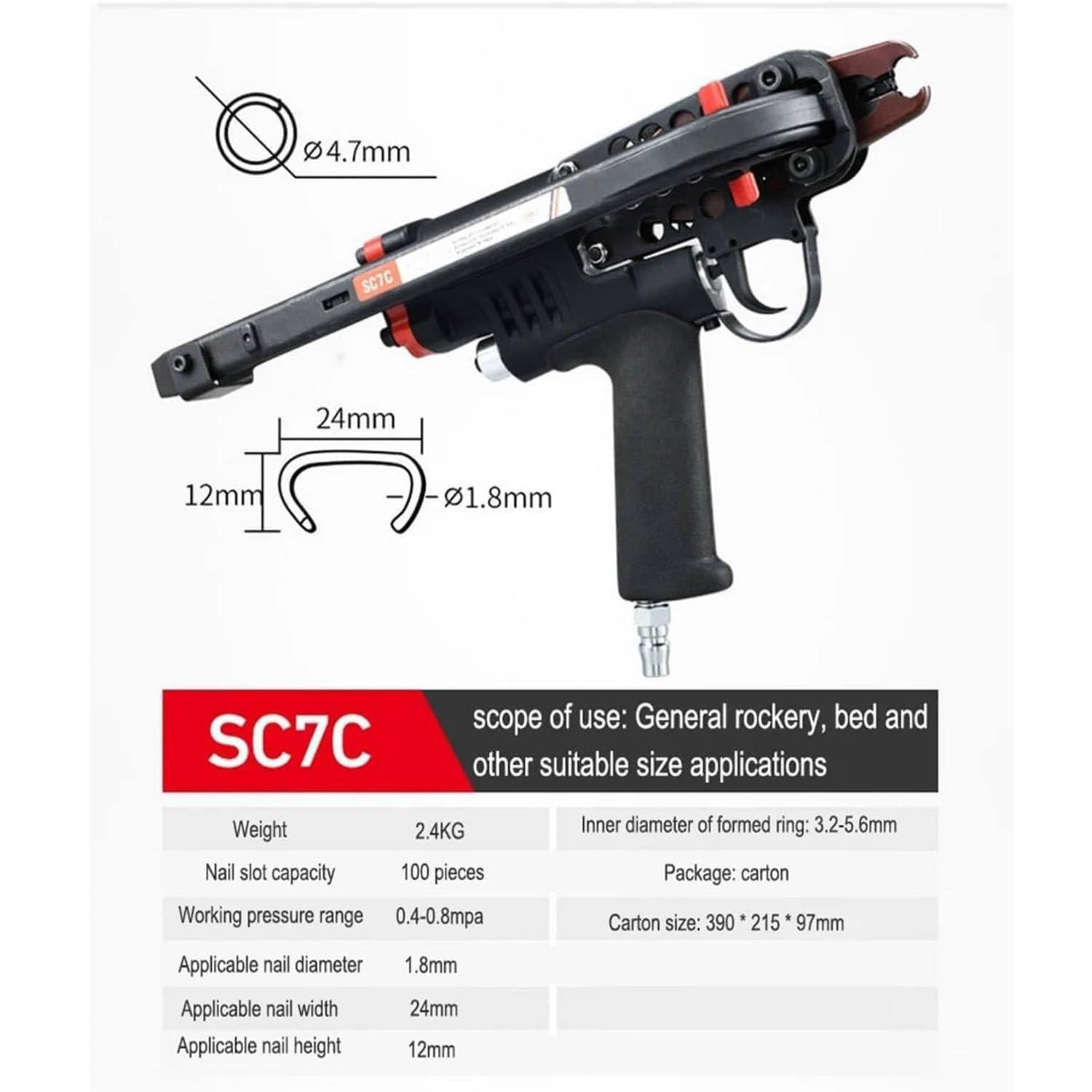 Herramienta de clavadora neumática, pistola de clavos de aire tipo C para anillos en C, grapadora de alicates de anillo de jaula para proyectos de carpintería y valla, compatible con SC7E/SC7C/SC760