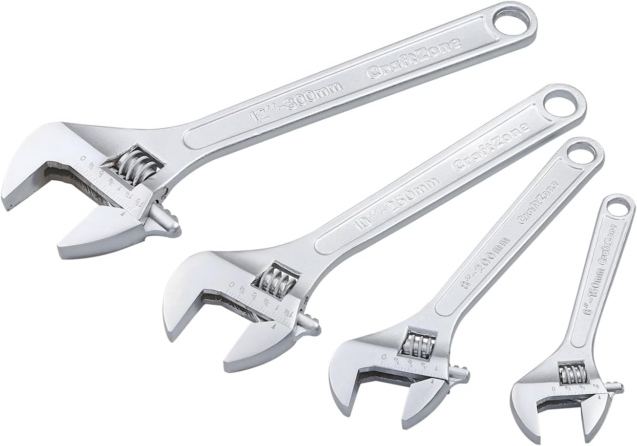 Adjustable Wrench Set, 3pc Wrench Set with SAE and Metric Scales, Heat-Treated Carbon Steel with Chrome Plated, Wide Jaw Wrenches for Home, Plumbing, Garage (10, 12, 15 Inch)