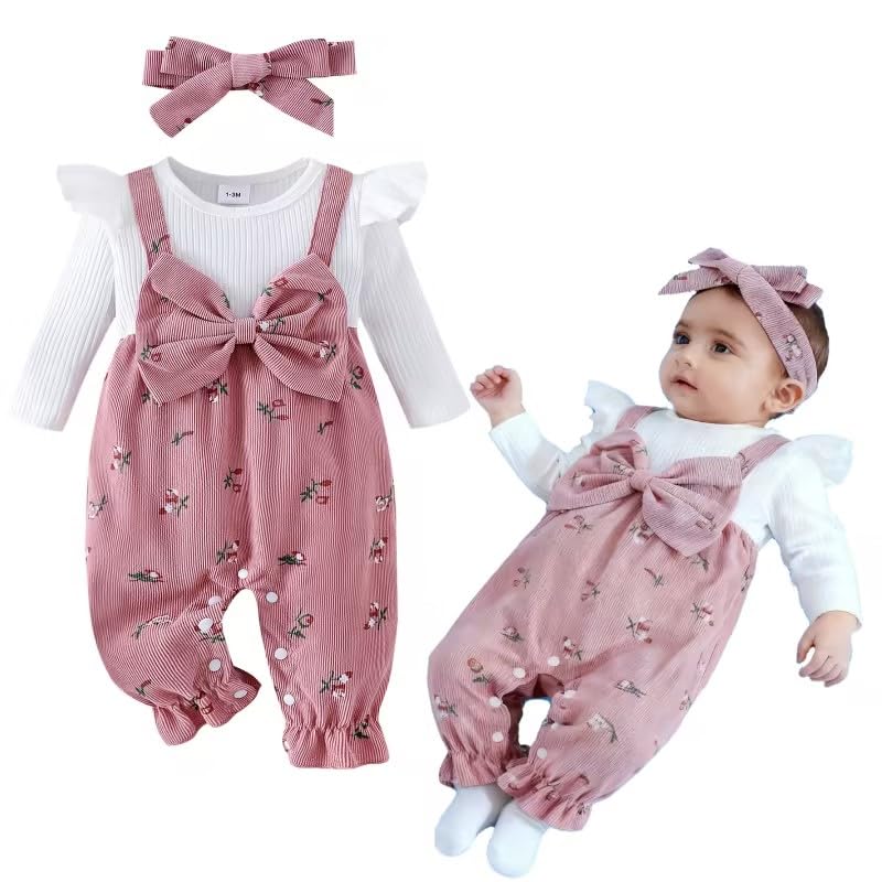 Image of Infant Baby Girls Fall Outfit Long Sleeve Romper Floral Print Fake Two Pieces Patchwork Bow Jumpsuits And Headband Set