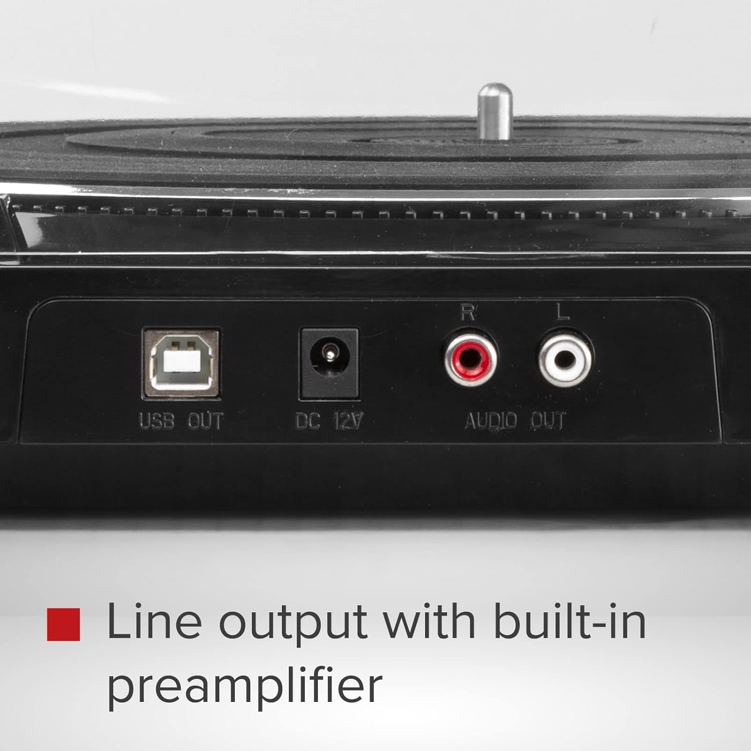 Koneksyon panèl dèyè Audizio RP310 la ki montre USB Out, DC 12V, ak Audio Out (RCA)