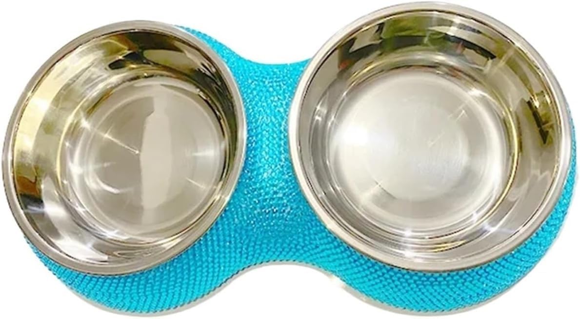 Bling Crystal Rhinestones Double Pet Bowl - Stylish Stainless Steel Food & Water Dish for Cats & Dogs(Blue)