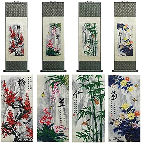 Silk Scroll Painting Asian Wall Decor 4 Righteous Men Flowers - Plum Orchid Bamboo Chrysanthemum Beautiful Chinese Art Wall Scroll Hanging Painting Scroll Oriental Decor 39 x 12 in(4 Piece)