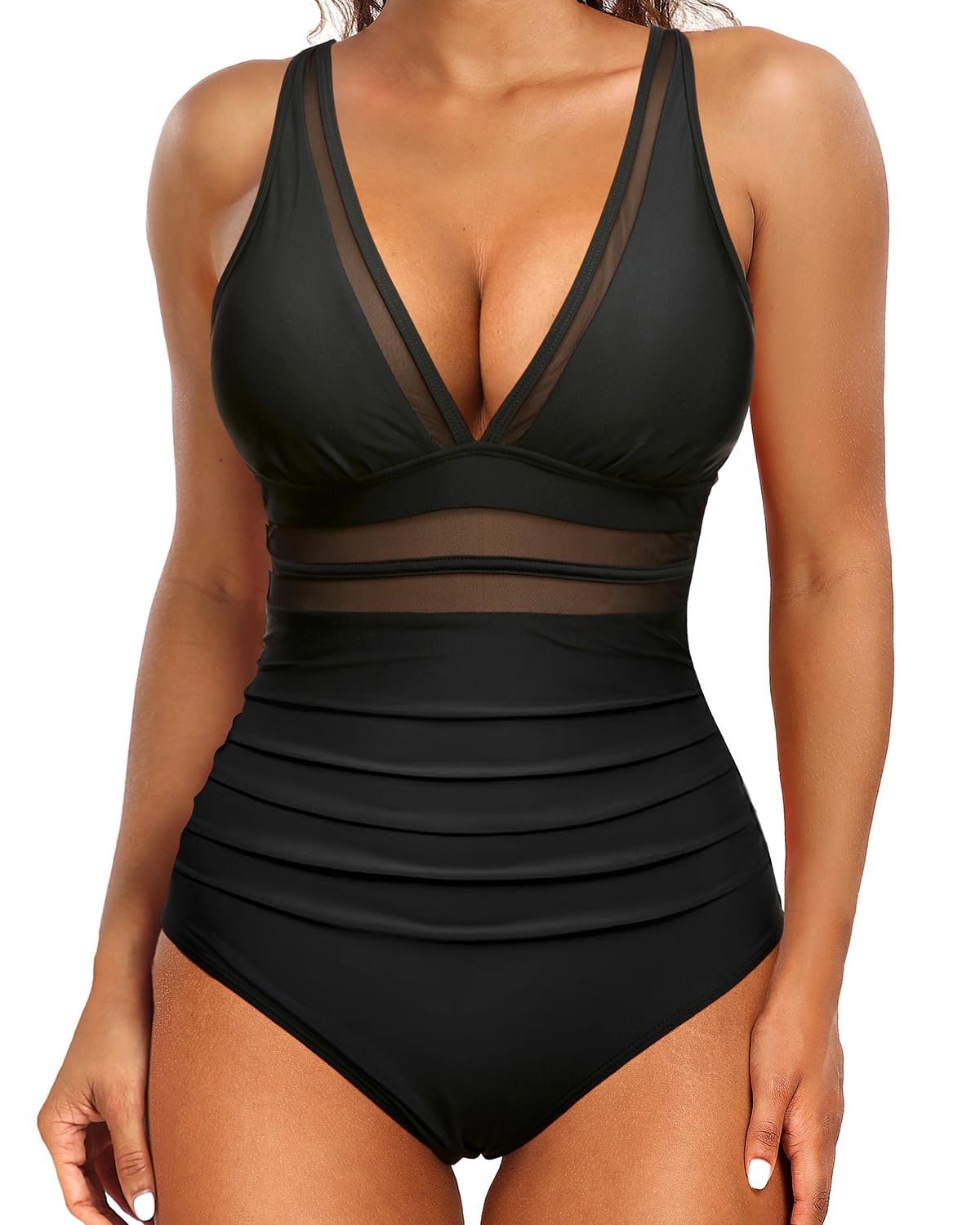 Holipick Women Tummy Control One Piece Swimsuit Sexy V Neck Mesh Bathing Suit Slimming Push Up Swimwear