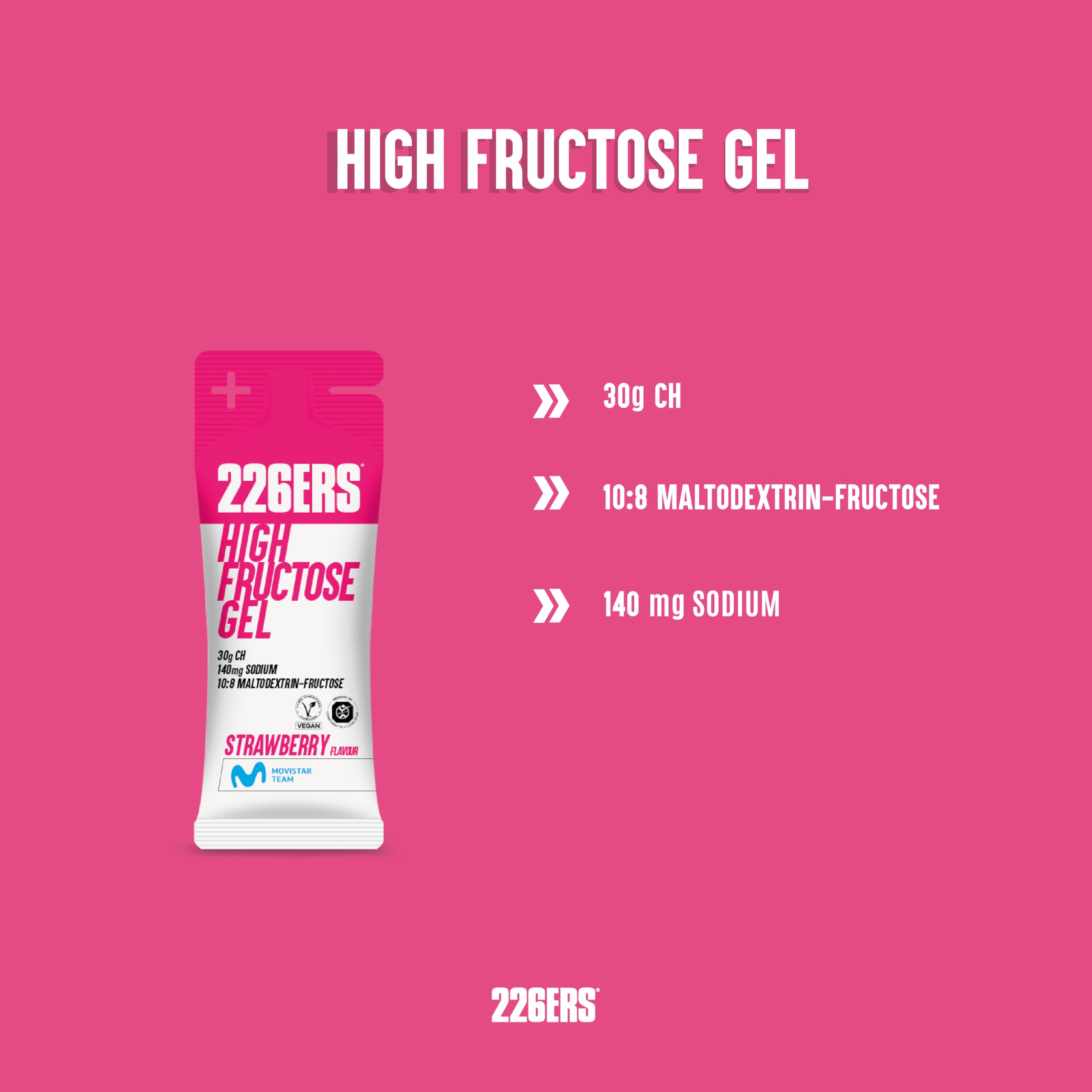 226ERS - High Fructose XS, Gel Energético para Deportistas, con Maltodextrina y Fructosa, Vegano y Sin Gluten, Aporte Hidratos de Carbono, Sabor Fresa, 8 Geles x 44 g