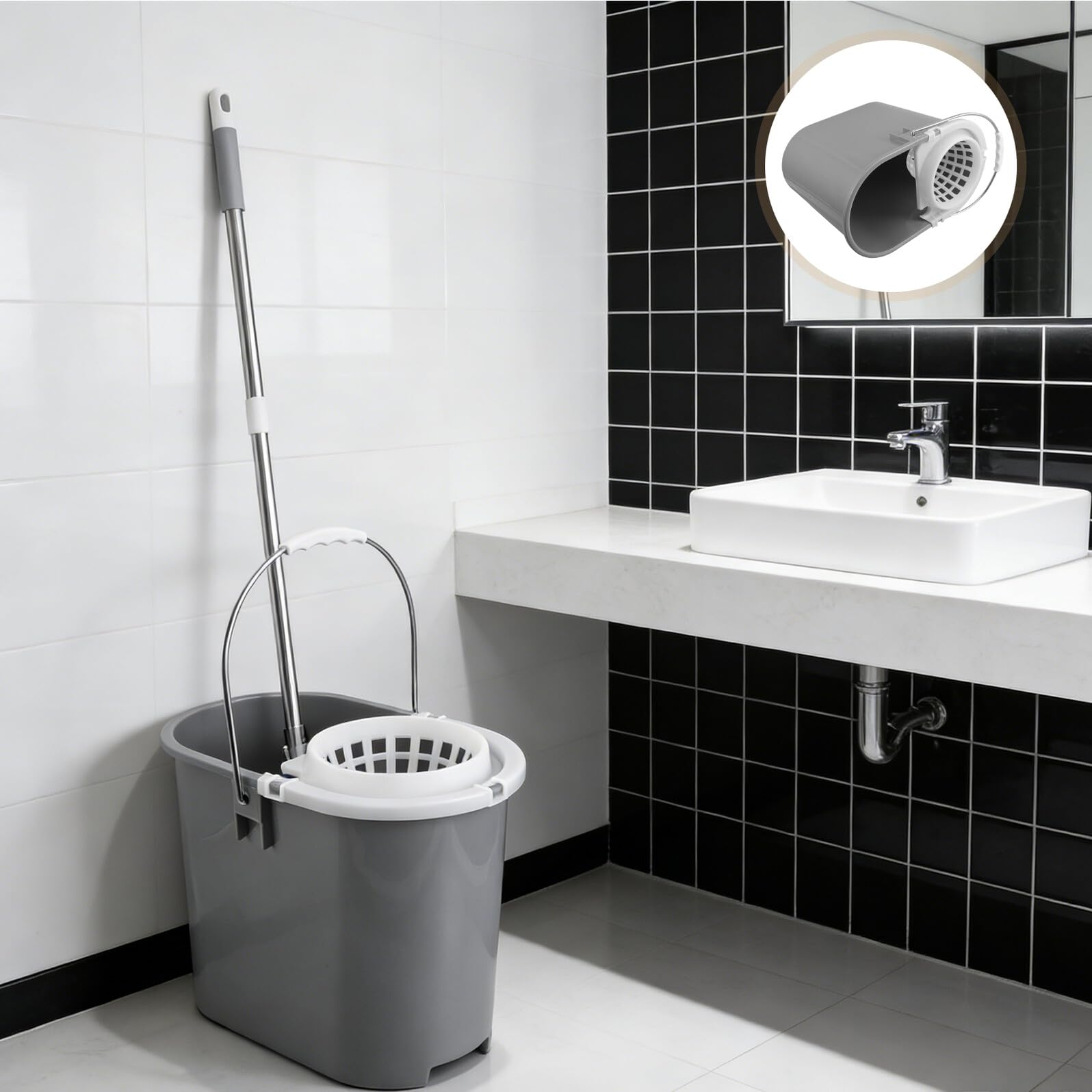 VALICLUD Cubo de Limpieza Comercial de Plástico Gris con Asa y Cesta Lateral, Accesorio Compatible para Trapeador Redondo, Cubo Pequeño para Fregar en Hoteles y Limpieza Industrial