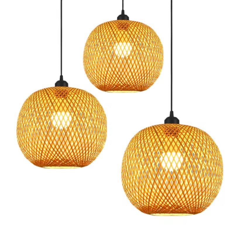 Image of Boho 3-Light Rounded Basket Pendant Light Semi-Globe Rattan Woven Cluster Hanging Lamp for Dining Table, Cafe & Living Room Decor