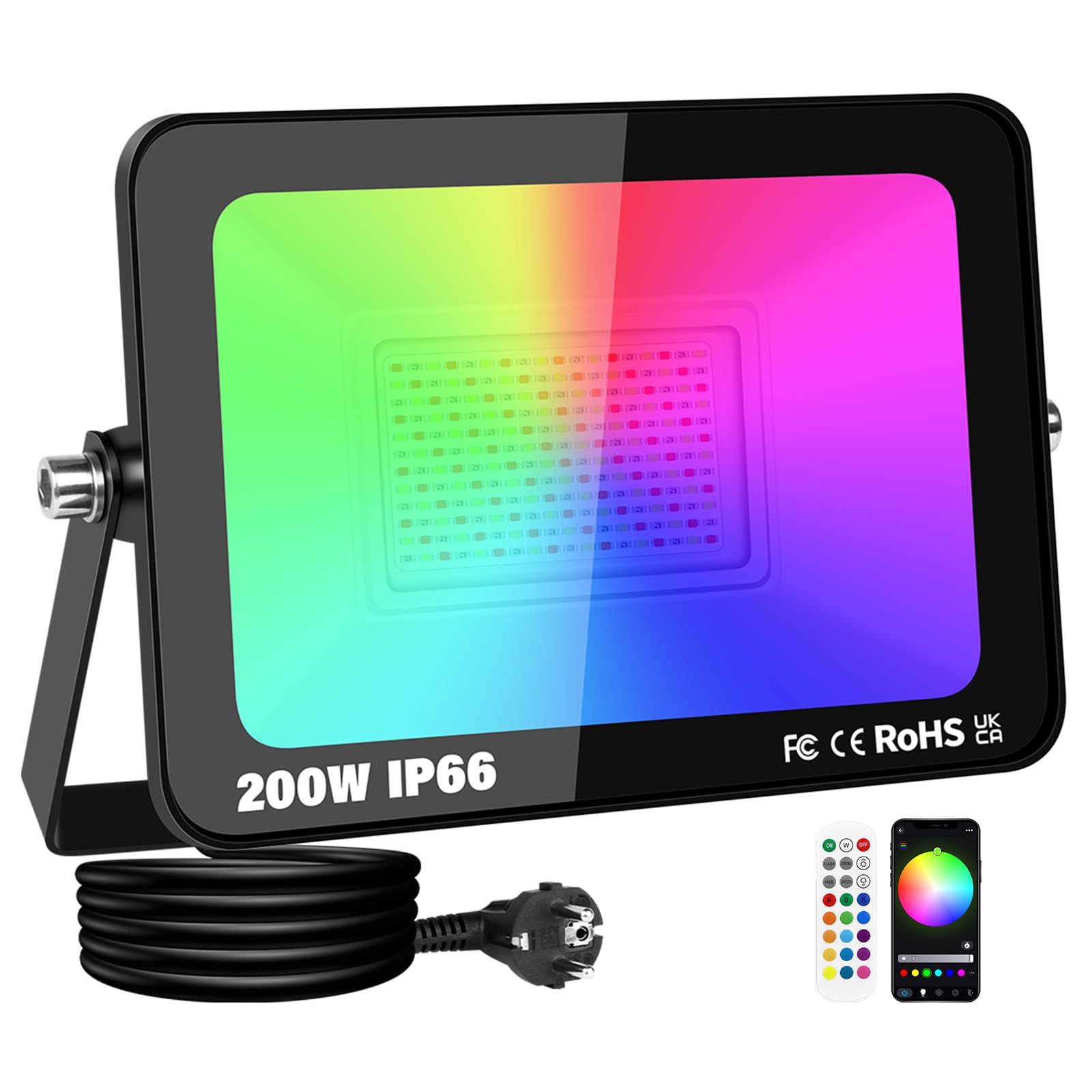 RIGIDON 1 x Projecteur Led RGB Exterieur, 200W 20000LM Projecteur Led RVB | App & Télécommande, Changement de Couleur RGBW, Minuteur, Musique pour Jadin Terrasse Patio Disco Décorations, IP66 étanche