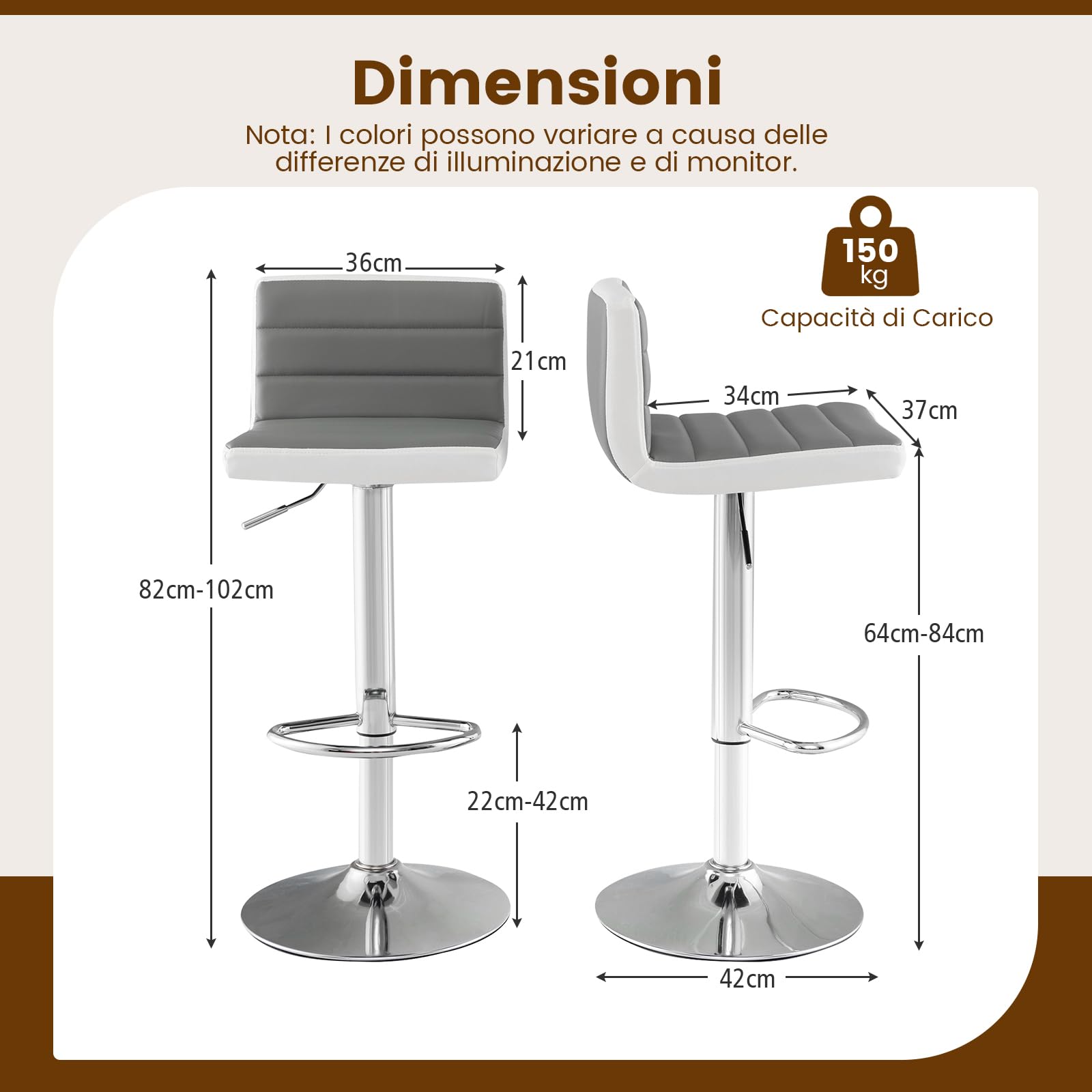 RELAX4LIFE Set di 2/4 Sgabelli da Bar, Sgabelli Regolabili e Girevoli con Base in Metallo Antiscivolo e Poggiapiedi, Sedie da Bar in Pelle PU senza Braccioli per Cucina, Pub, Caffè, Grigio & Bianco