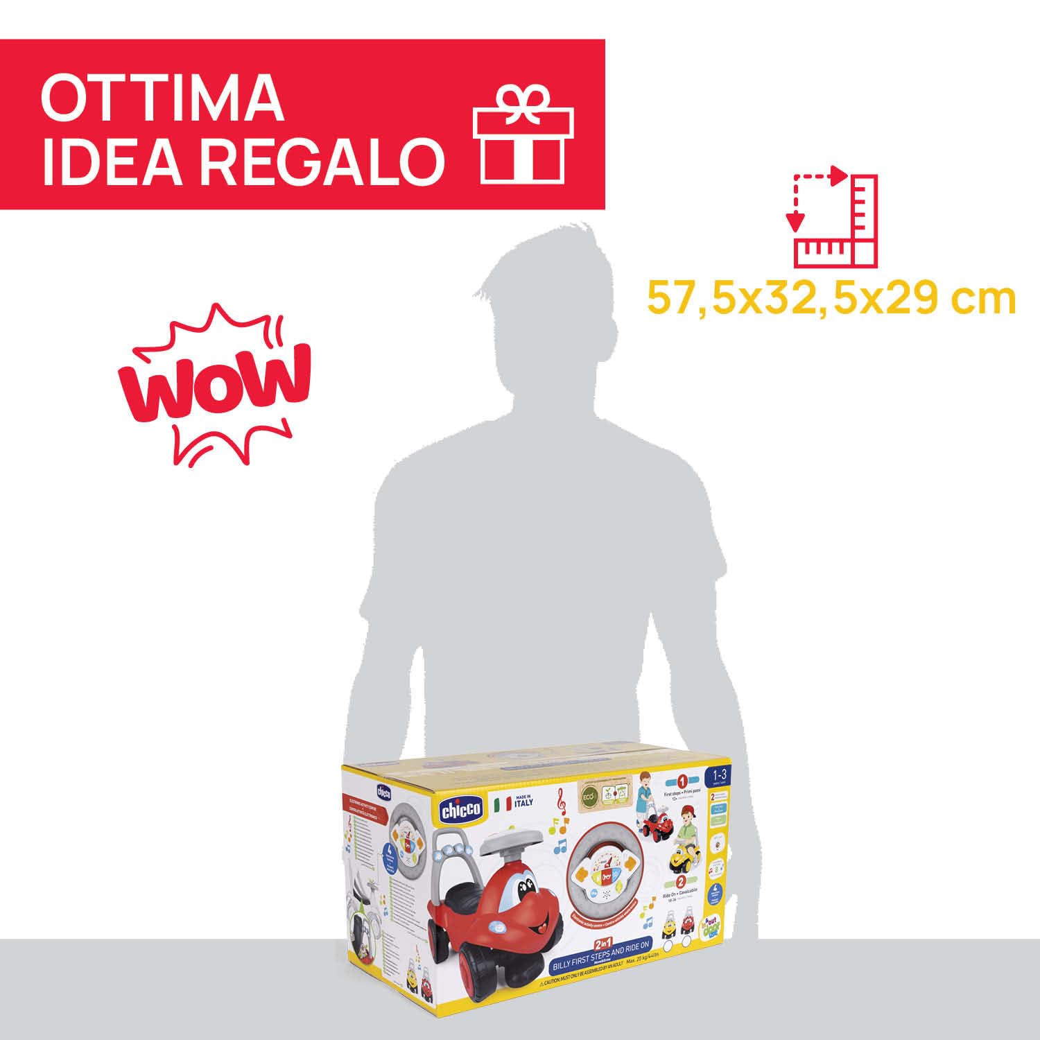 Chicco Billy Walk&Ride Eco+, Primi Passi, Girello e Cavalcabile, Assemblaggio Semplice, Manubrio Ergonomico, Ruote Larghe, Con Suoni e Luci di Guida, in Plastica Riciclata, Bambini 12-36 Mesi, Rosso