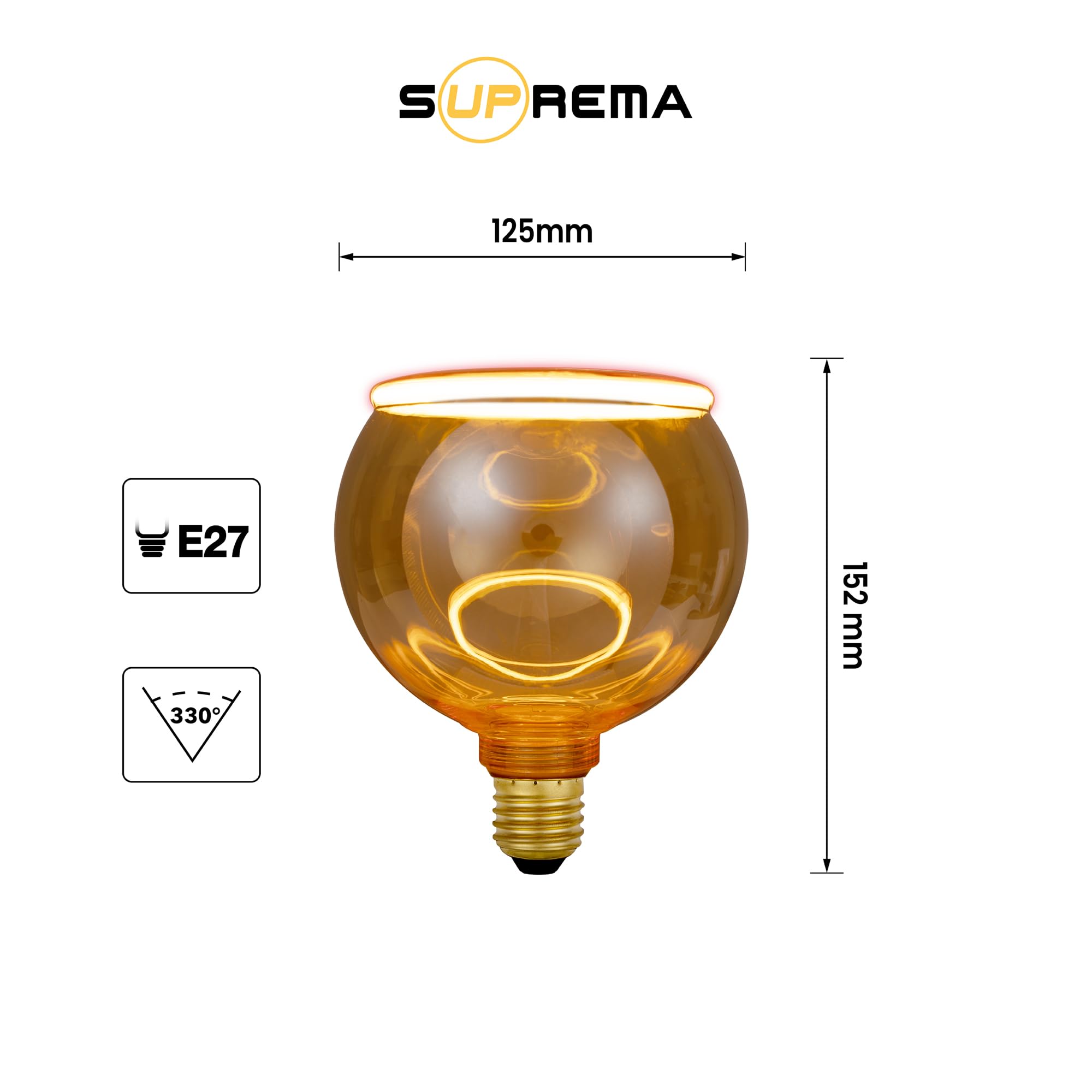 Suprema Dekorative LED-Ringlampe, E27, 4 W, Bernstein-Finish, 220–240 V, 1800 K warmes Licht (Durchmesser 125mm)