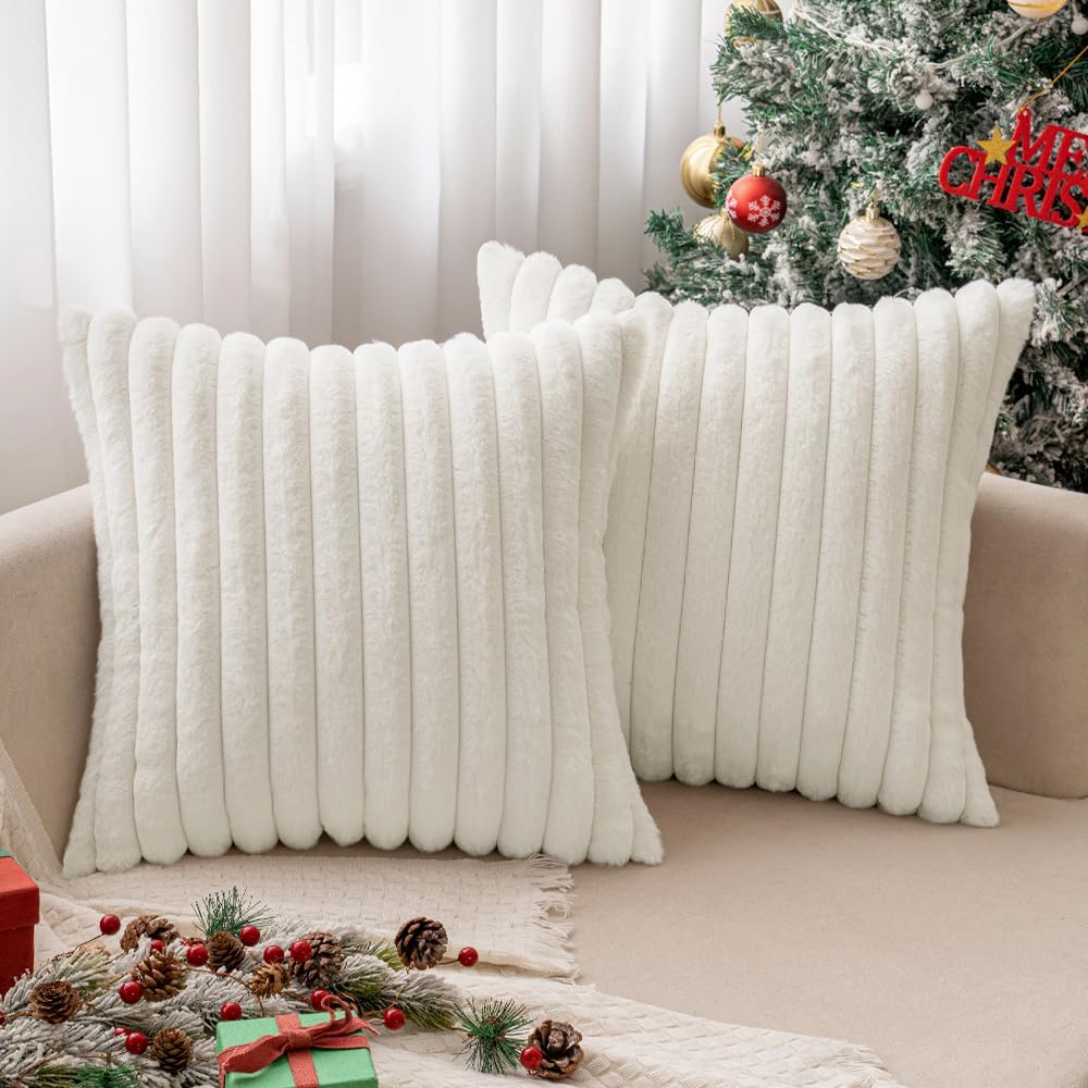 MIULEE White Throw Pillow Covers 20x20 Inch Set of 2 Fuzzy Striped Soft Pillowcase with Velvet
