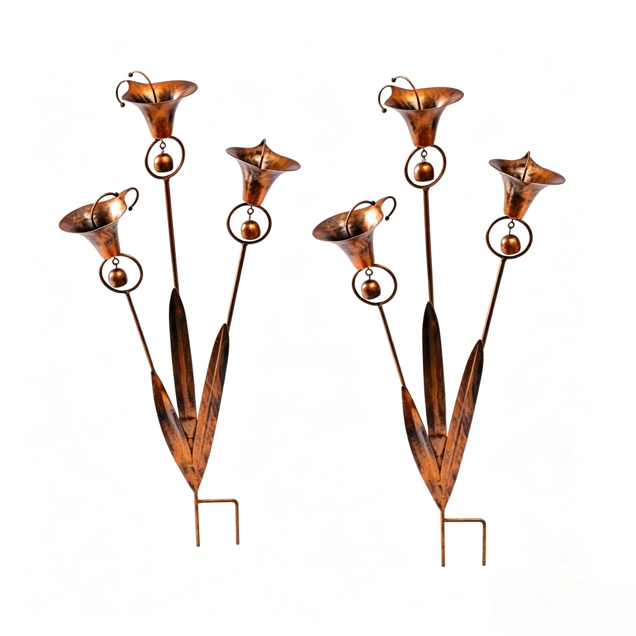 Flamed Copper Three Calla Lilies Garden Stake with Bells, Metal Flower Yard Art Decor, Outdoor Wind Bell Stake for Lawns, Patios & Garden, Rustic Handmade Wind Chime Ornament Gift