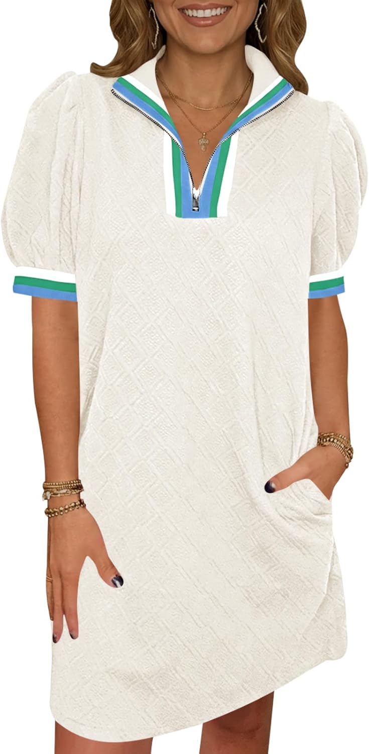 Fisoew Womens Summer Puff Short Sleeve Mini Dress Quarter Zip V Neck Casual Textured Loose Fit Active Sweatshirt Dresses