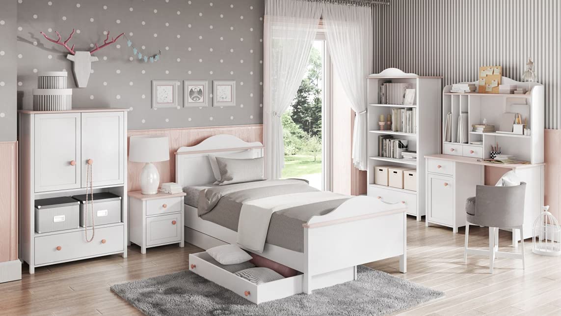 Furniture24 Nachttisch Luna LN7 Nachtschrank Nachtkästchen mit Tür und Schublade Alpinweiß/Rosa Mädchenzimmer Kinderzimmer