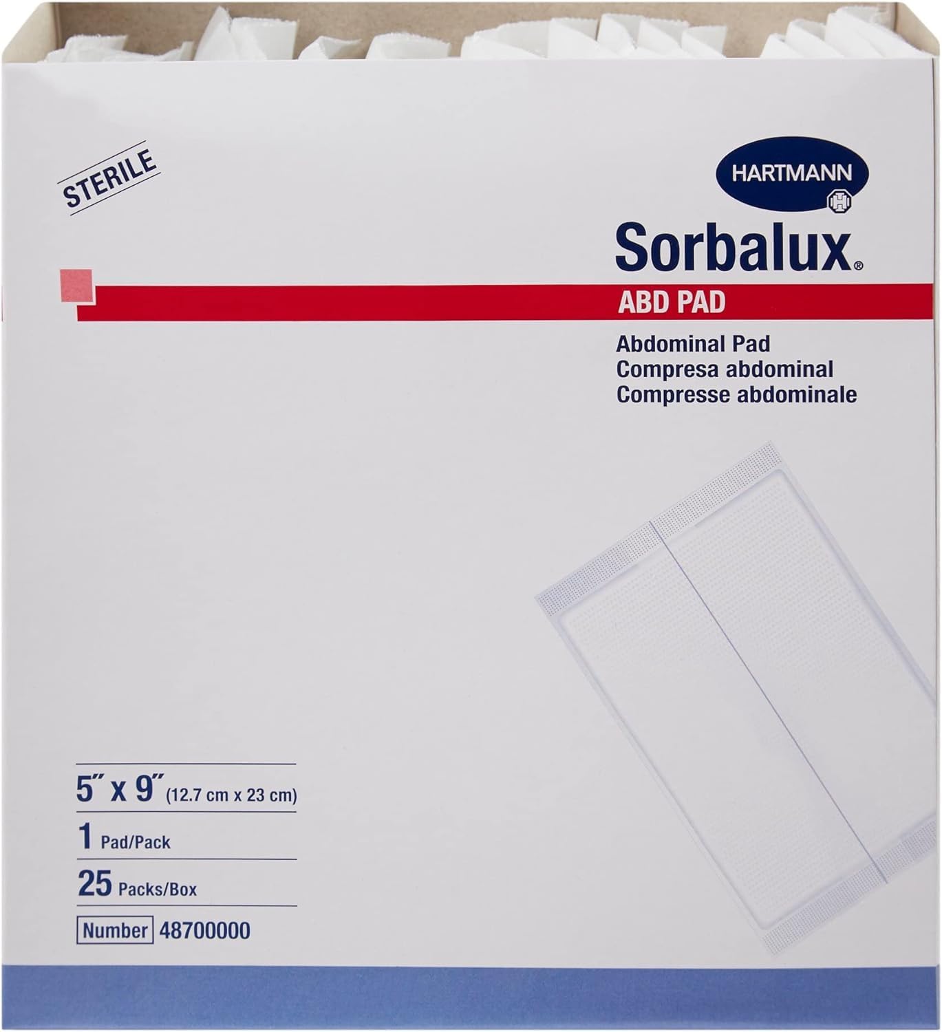 ABD Abdominal Pad 48700000, 5 X 9 Inch, Box of 25 White