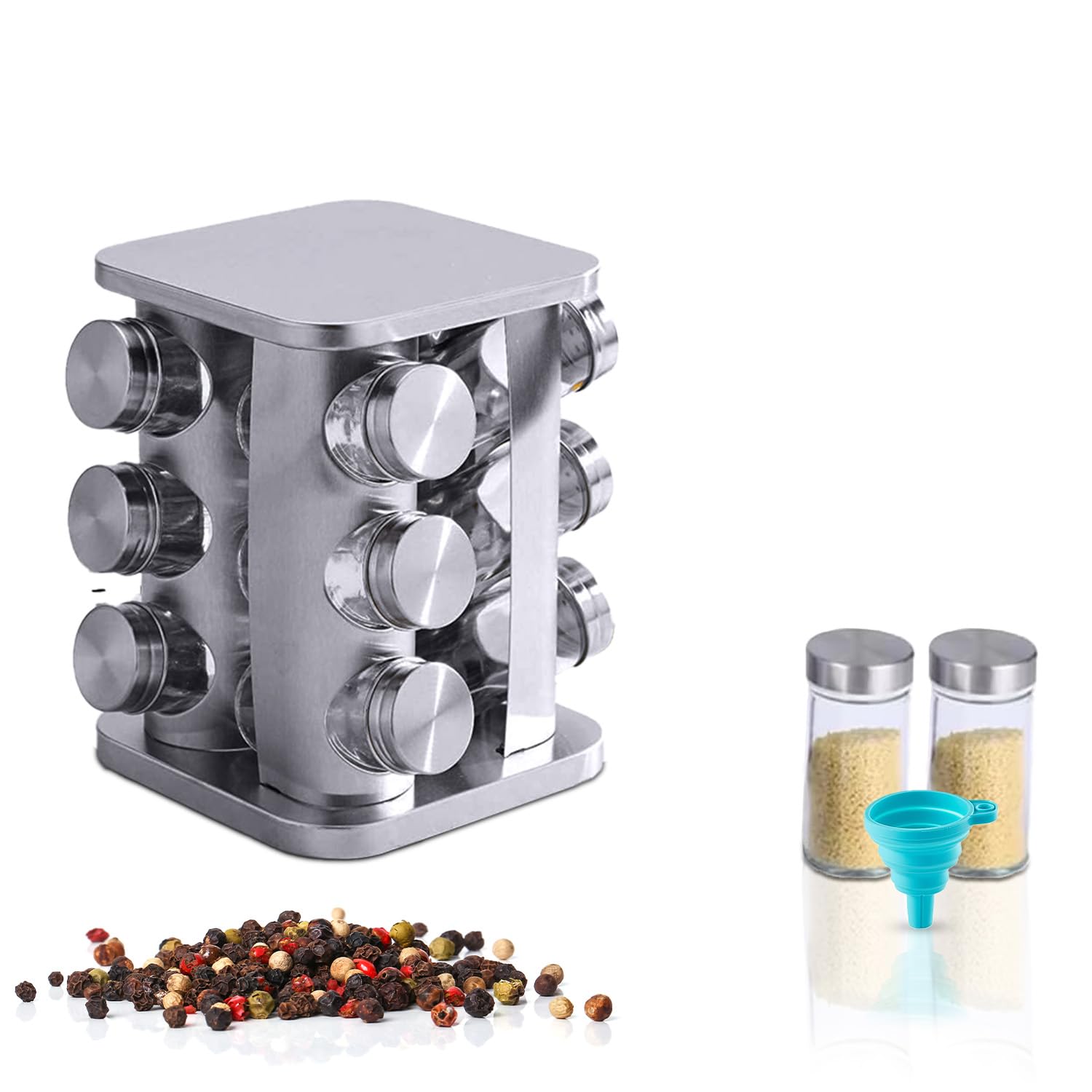 Vr7 Silver Stainless Steel 360 Rotatable Spice Rack & 12 Jars With Lids And Labels Free Standing Kitchen Spices Rotating Organiser Spinning Rack Large Revolving Carousel Spice Glass Jars Holder