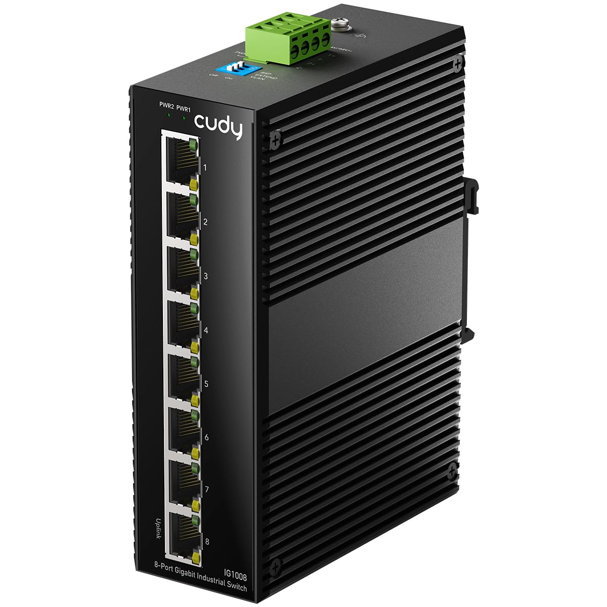 Cudy Switch Gigabit Industriale 8 Porte, Guida DIN, -40~75C, Doppia Alimentazione, IG1008 | 8x Gigabit, Guida DIN/Parete, -40~75C, Doppio DC 12-48V, IP40 Metallo, ESD/Sovratensione, senza ventola, Plug Play