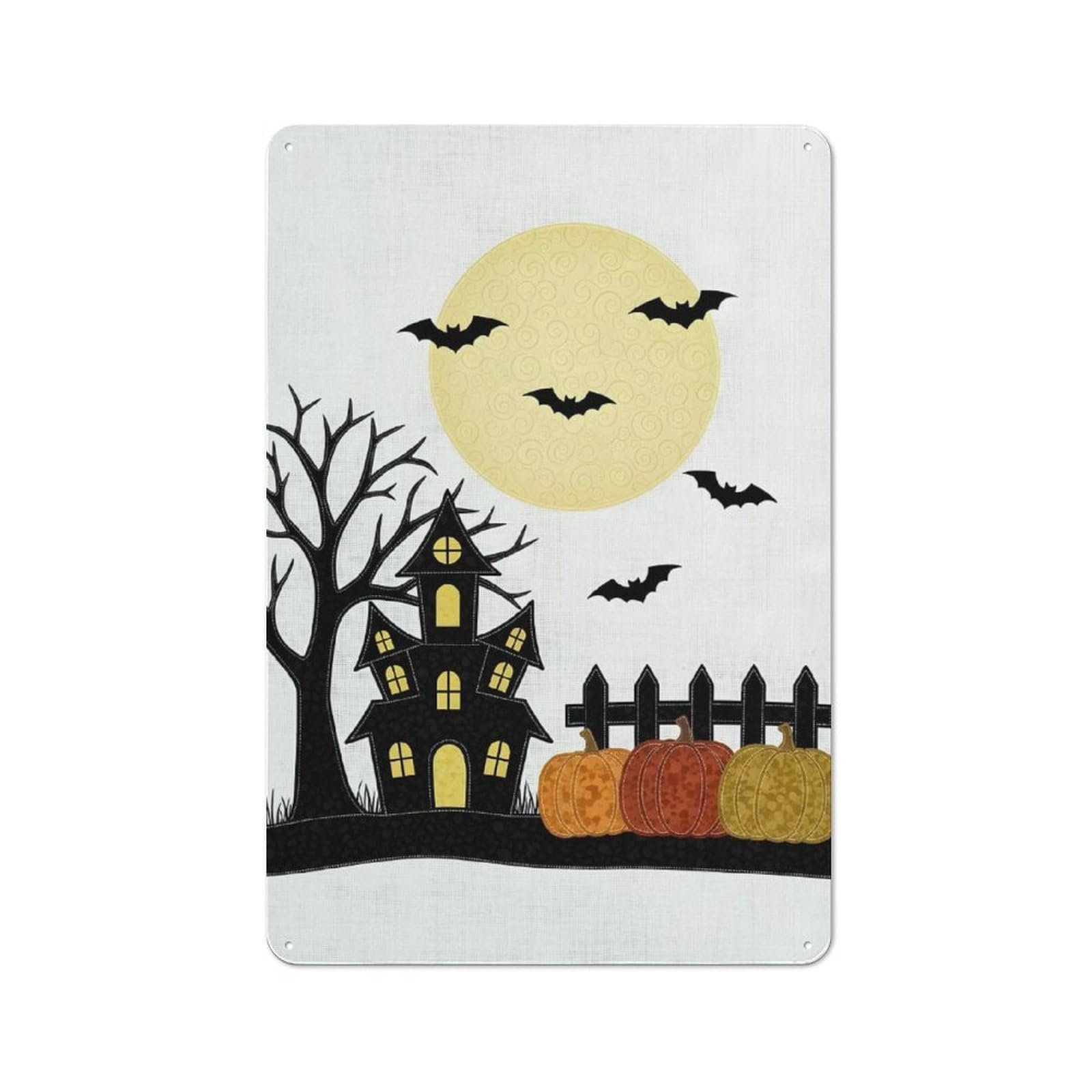 Metal Wall Sign with Halloween Night Scene with Haunted House Design 30x20cm, Vintage Industrial Wall Art for Workshop, Basement, Shed Or Games Room